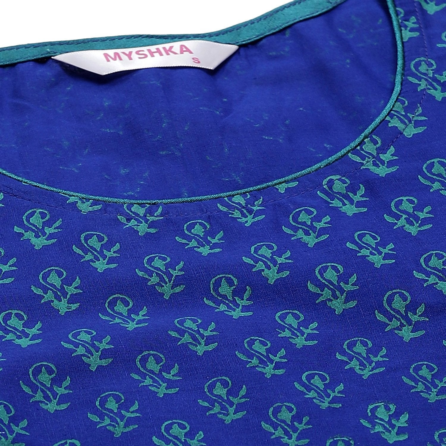 Women's Blue Cotton Printed 3/4 Sleeve Round Neck Casual Kurta Only - Myshka