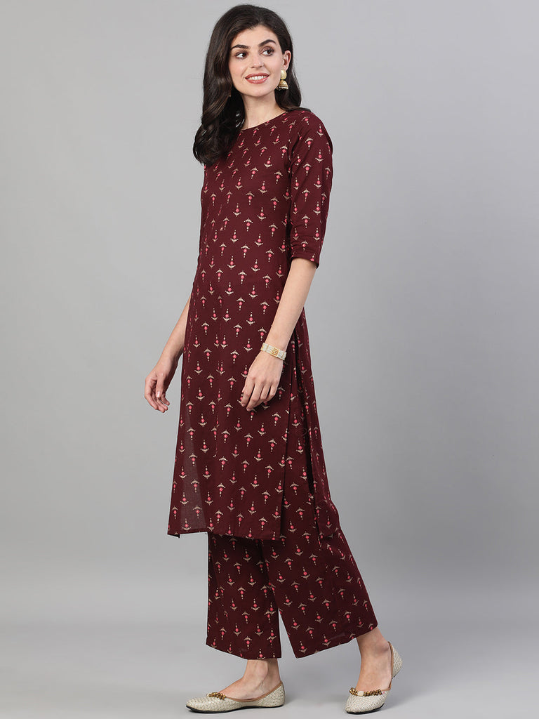Women's Wine Three-Quarter Sleeves Printed Kurta-Palazzo with pockets and Face Mask