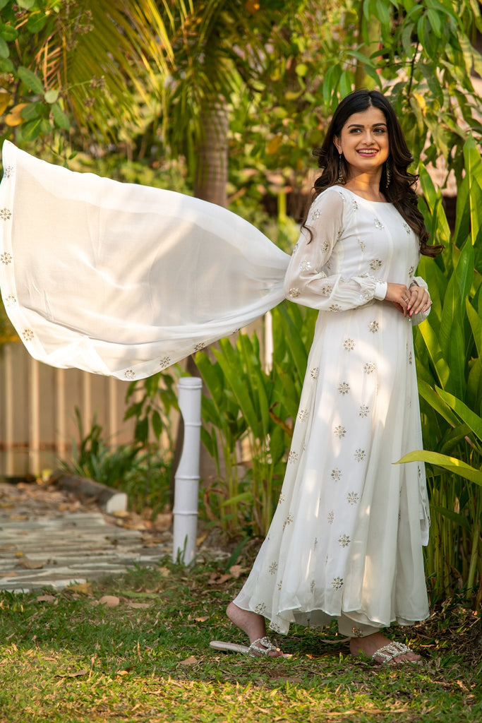 Women's White Sequin Alternate Kali Anarkali Set