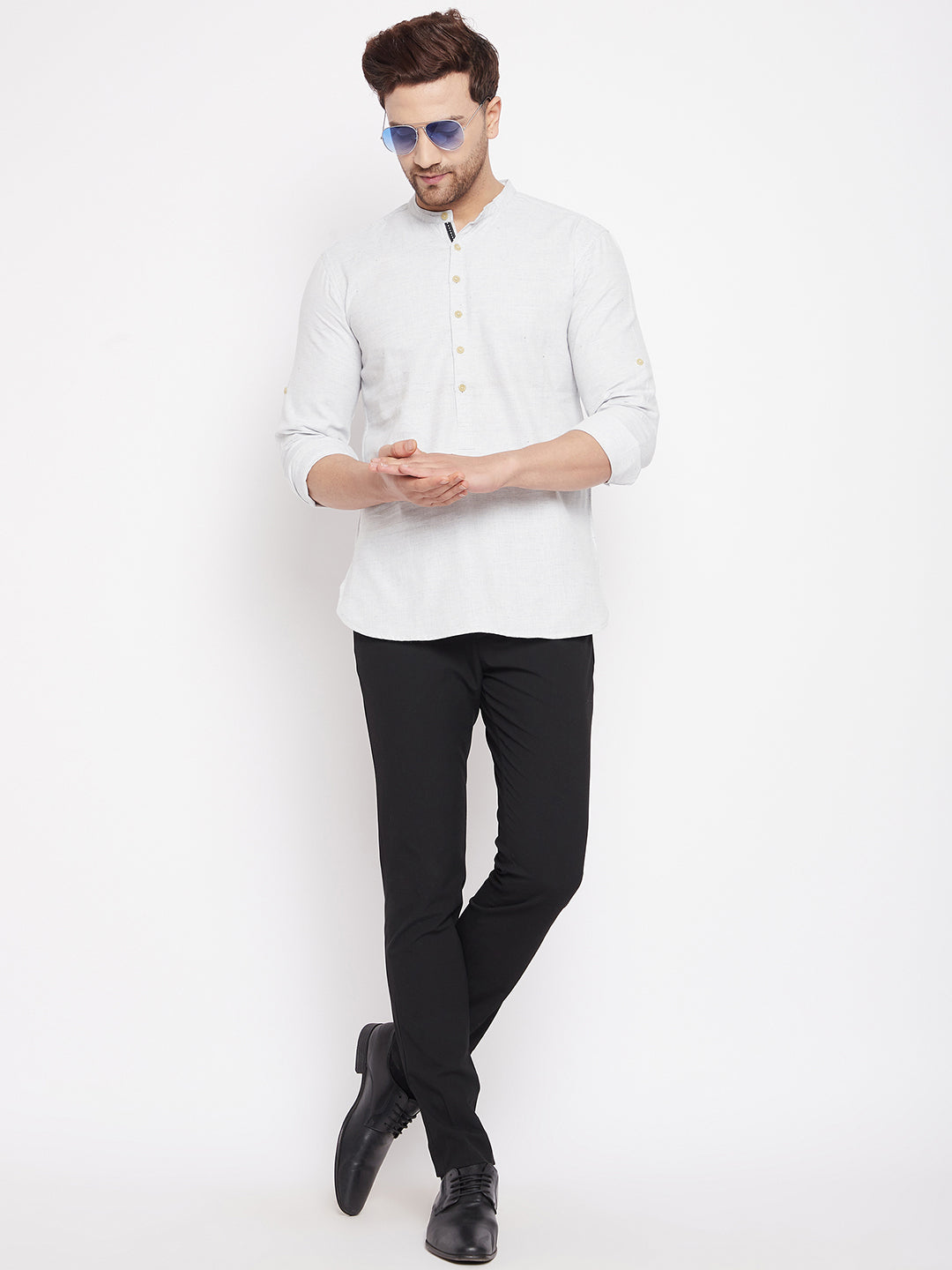 Men's Cream Color Short Kurta with Band Collar - Even Apparels