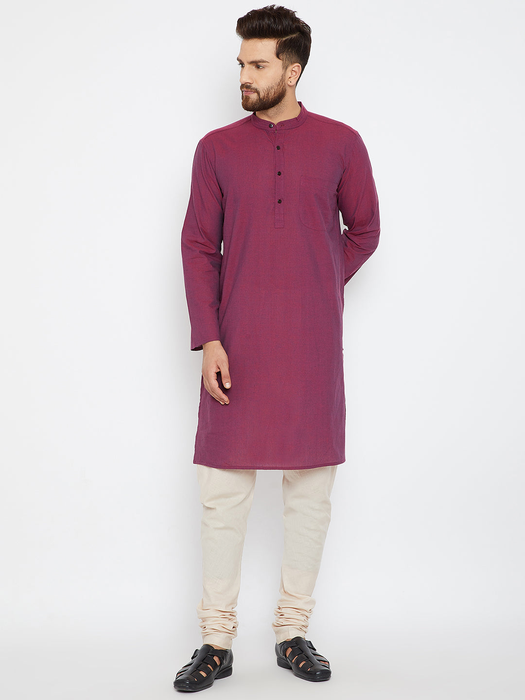 Men's Magenta Solid Cotton Kurta
