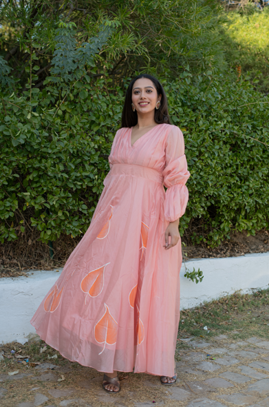 Women's Gulkaari Hand Painted Bell Sleeves Peach Gown - Saras The Label