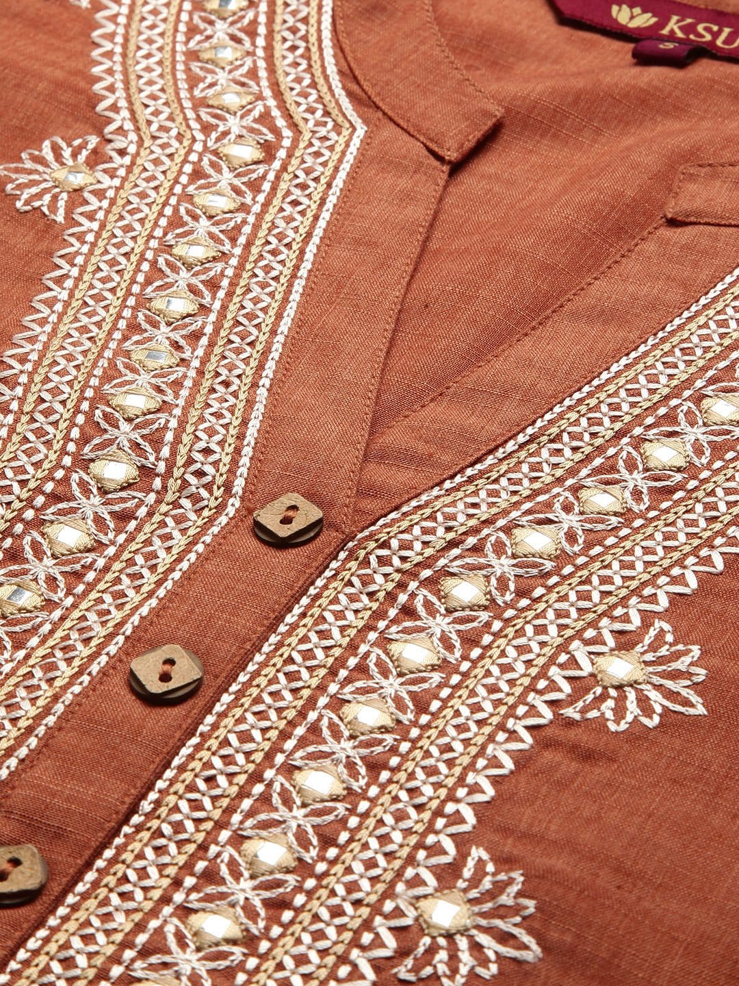 Women's KSUT Rust And Cream Mirror Work Embroidery Yoke Kurta With 3/4Th Sleeves - Varanga