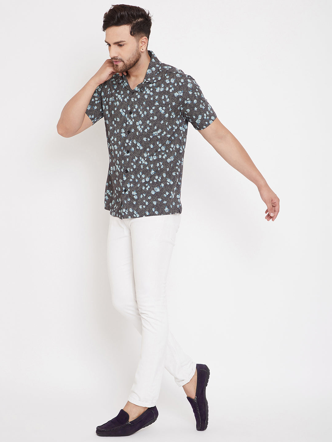 Men's Black & Aqua Floral Cuban Collar Shirt
