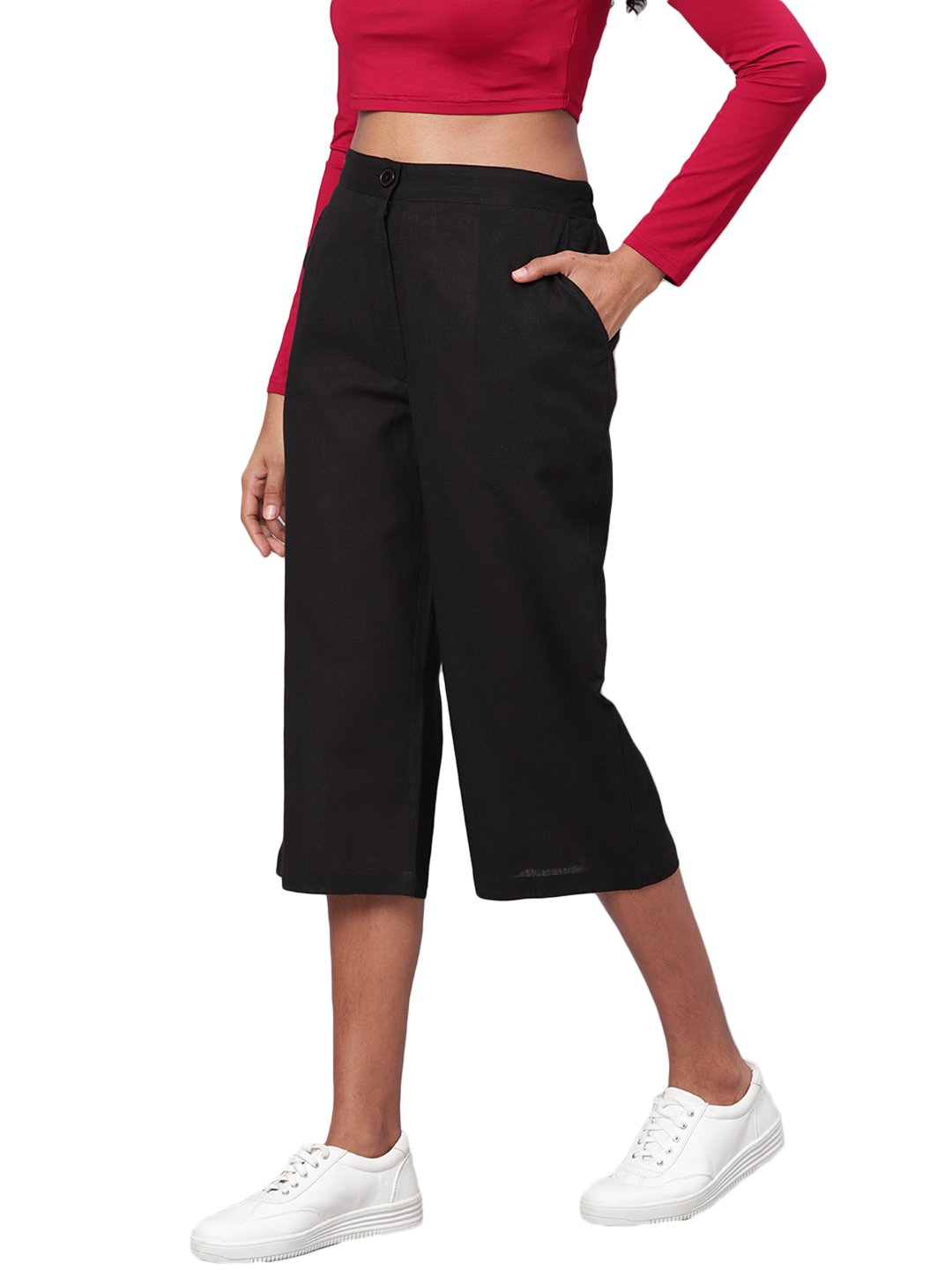 Women's Black Solid Cotton Trouser - Myshka