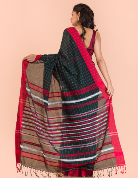 Women's Black handwoven cotton saree - Angoshobha