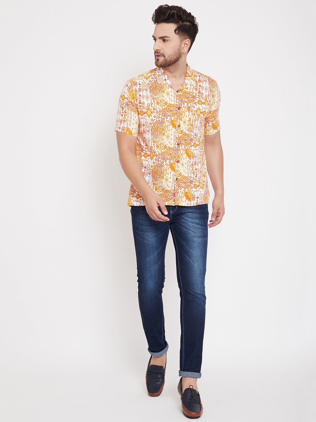 Men's Orange Summer Cuban Collar Shirt