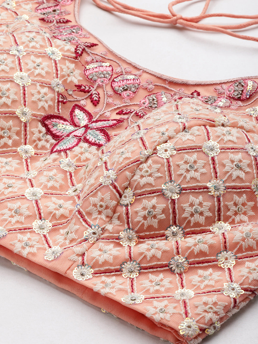 Women's Peach Net Lakhnavi Multi Colour Thread, Embroidered Lehenga & Blouse, Dupatta - Royal Dwells