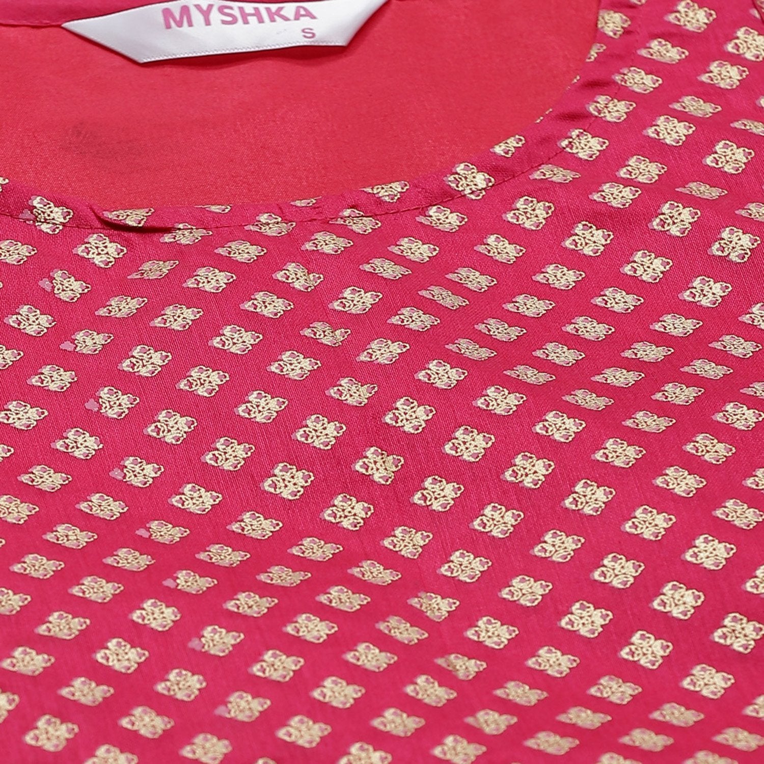 Women's Pink Chanderi Printed 3/4 Sleeve Round Neck Casual Kurta Pant Set - Myshka