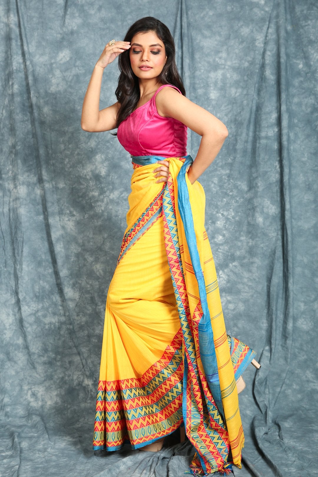 Women's Yellow Begampuri Cotton Saree With Skirt Border - In Weave Sarees