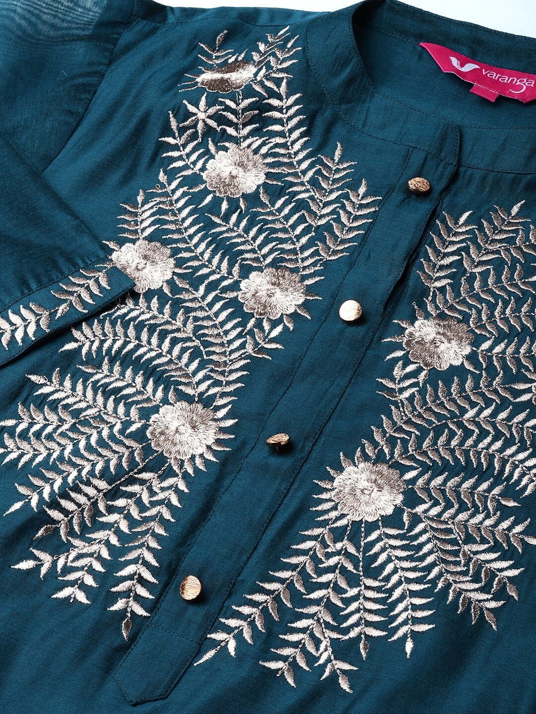 Women's Navy Blue & Grey Ethnic Motifs Embroidered Handloom Kurta with Palazzos - Varanga