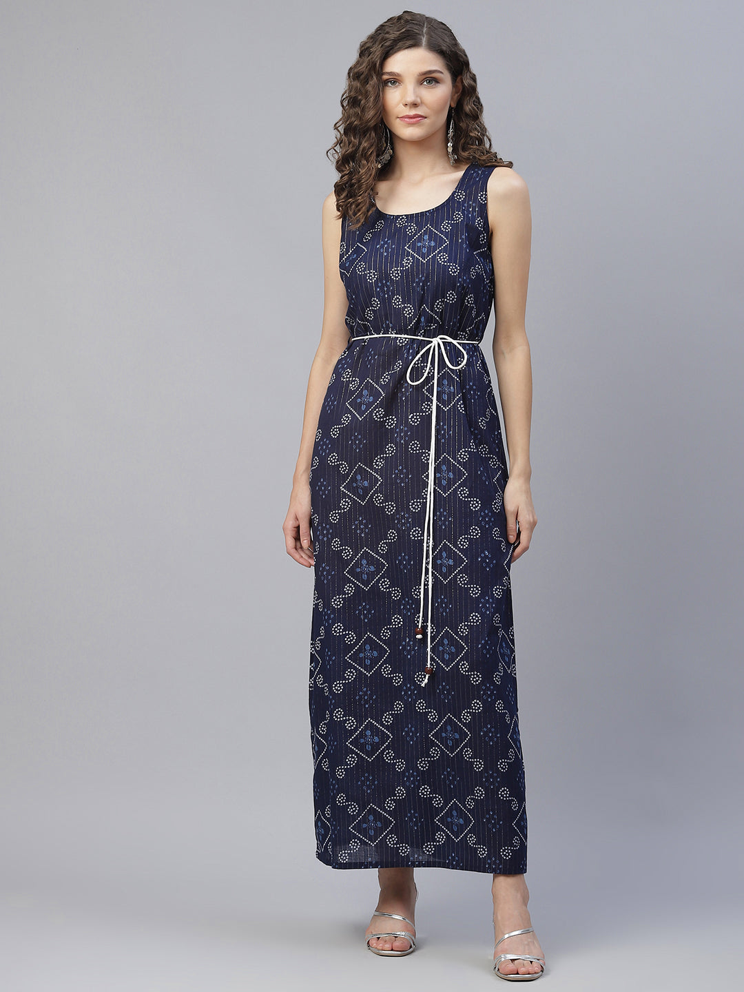 Women's Navy Blue Bandhani Print Maxi Dress - Aks