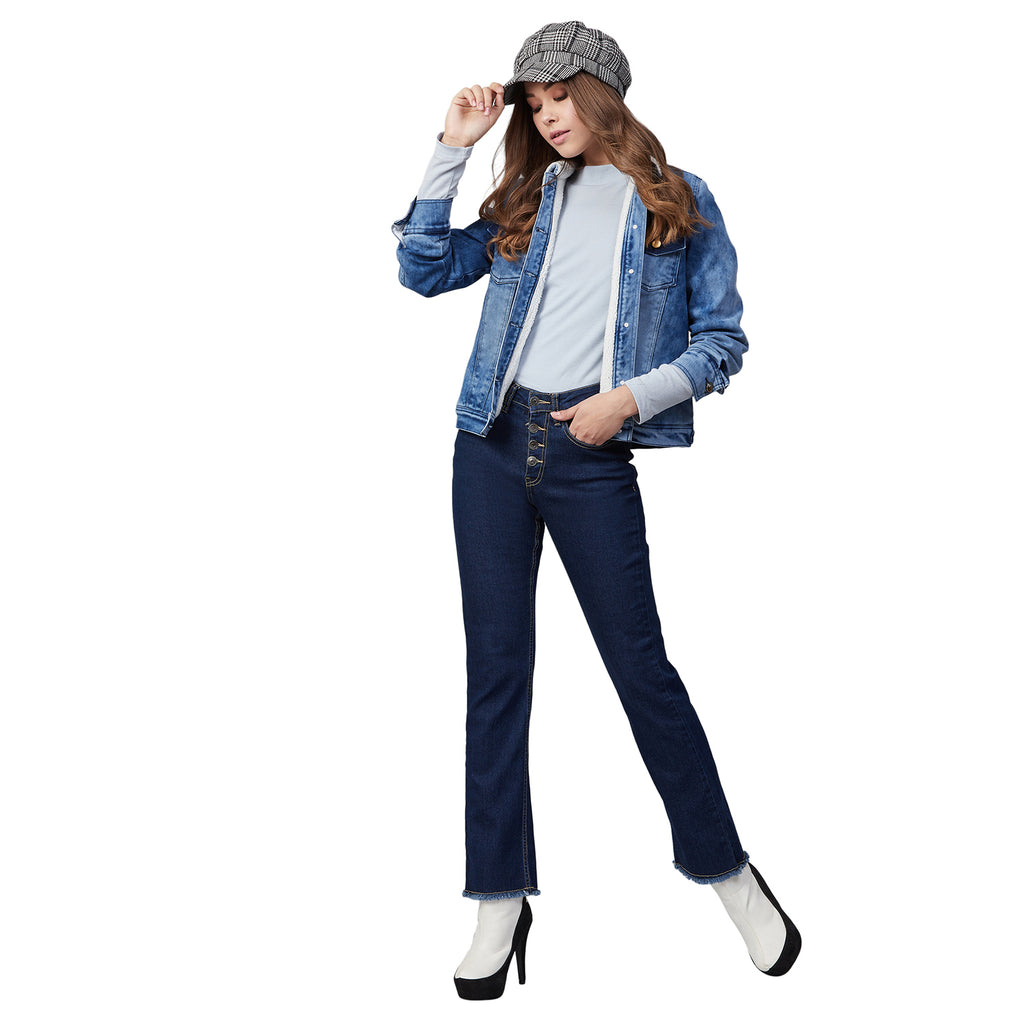 Women's Denim Jacket with Soft Warm Faux Fur Lining inside & Washed Pocket effect