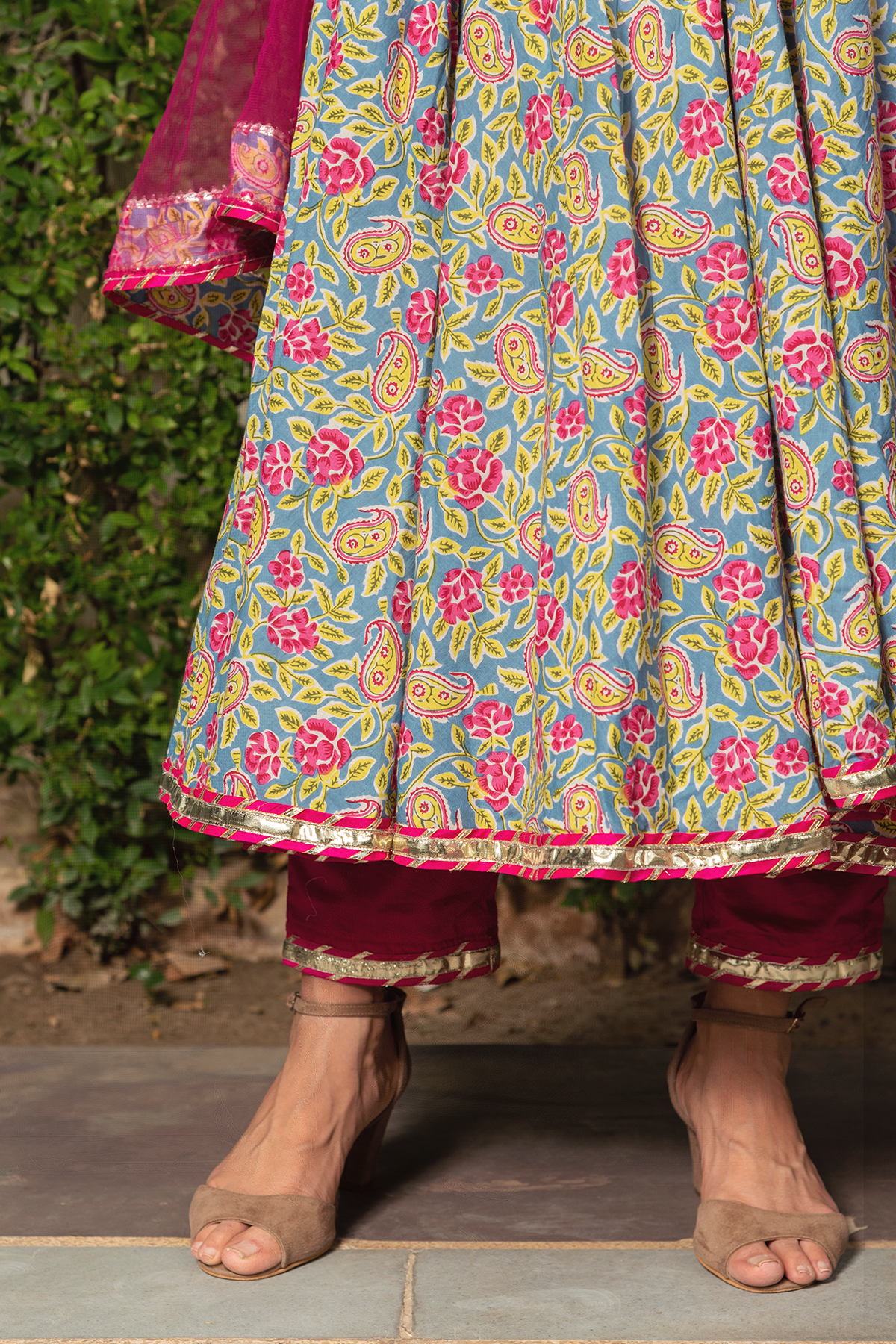 Women Multicolor Cotton Anarkali Kurta with Pant & Dupatta by Pomcha Jaipur (3pcs Set)