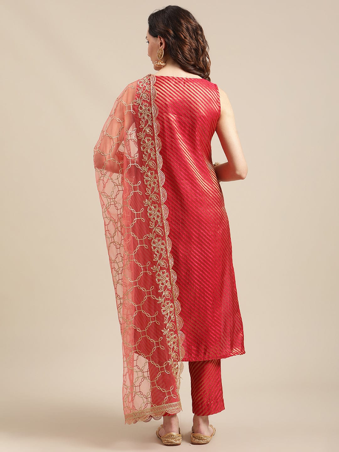 Women's Red And Gold Brocade Gota Embellished Striped Kurta Set With Gota Work Net Dupatta - Varanga