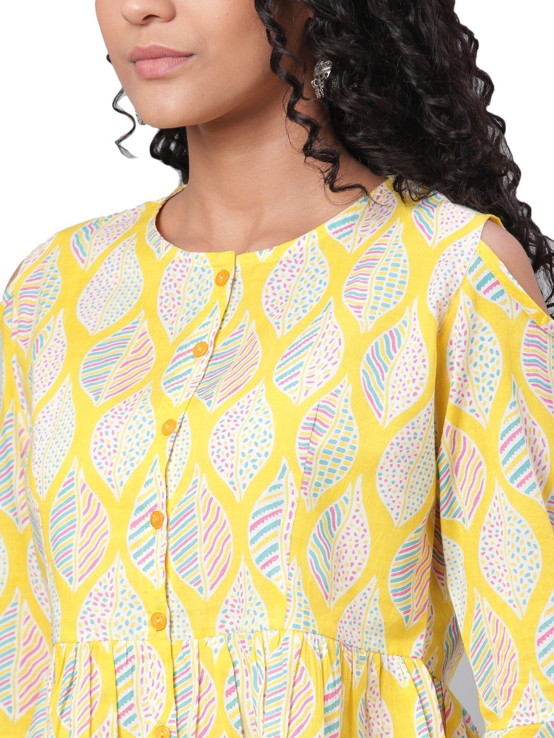 Women's Yellow Printed 3/4 Sleeve Round Neck Cotton Casual Top - Myshka