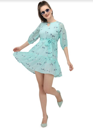 Women's Sky Blue Mini Dress With Tie Up At The Waist - MESMORA FASHIONS