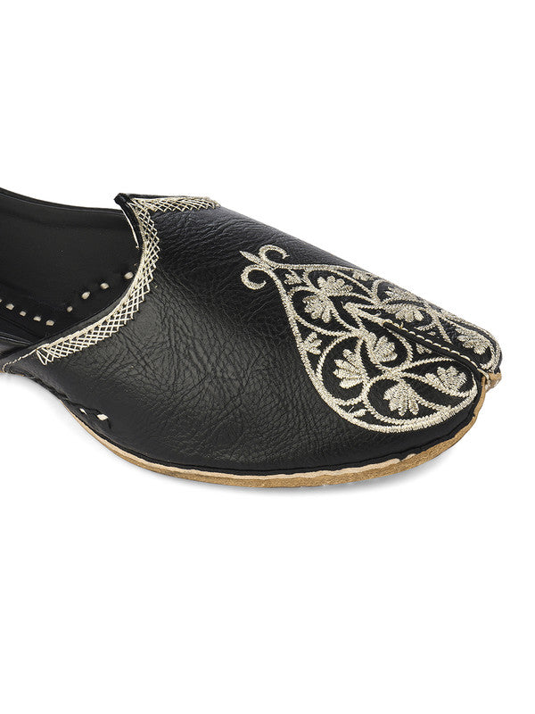 Men's Indian Ethnic Handrafted Embroidered Black Premium Leather Footwear - Desi Colour