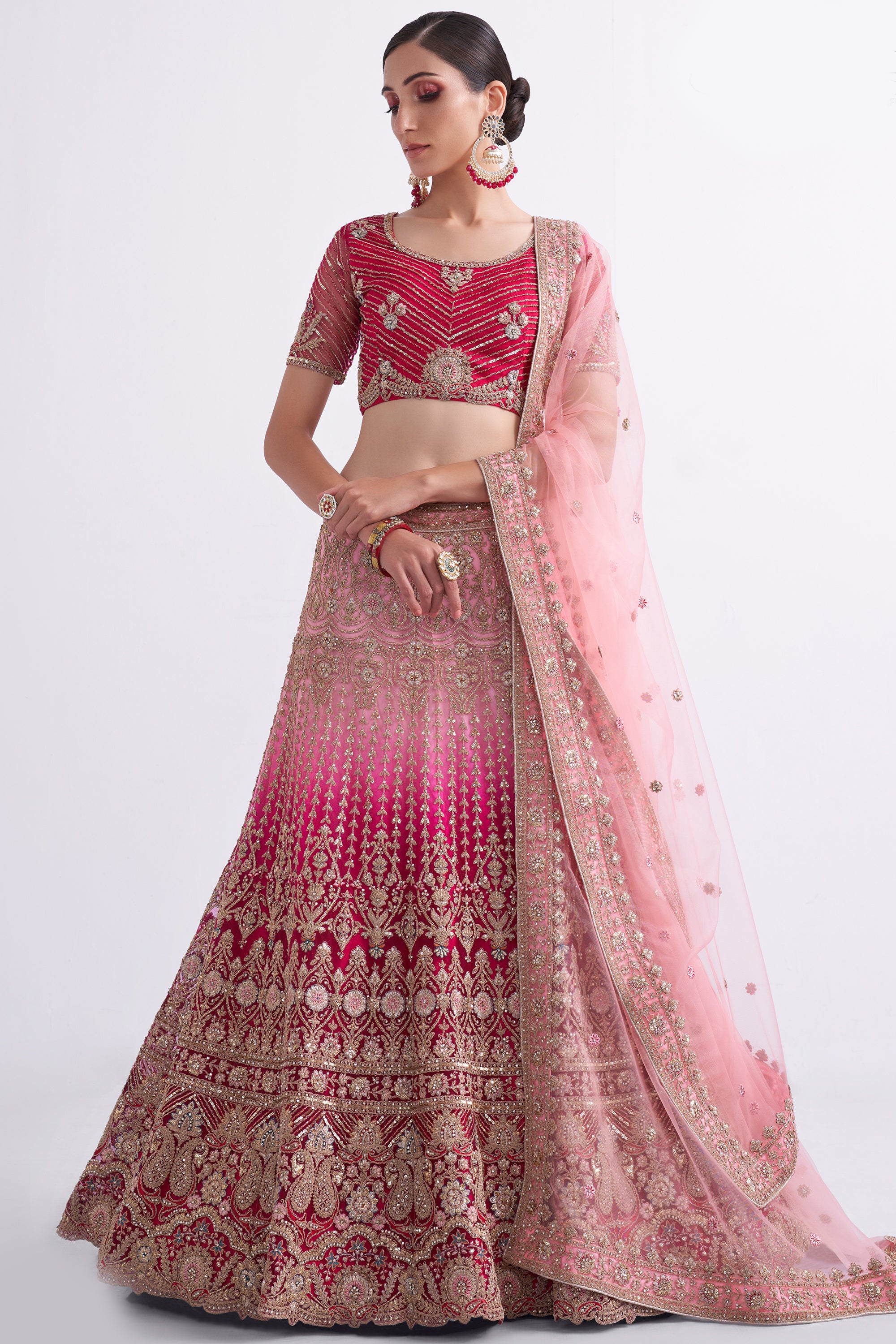 Women's Bridal Heritage Shaded Rani Heavy Embroidered Net Designer Lehenga - CHITRAS