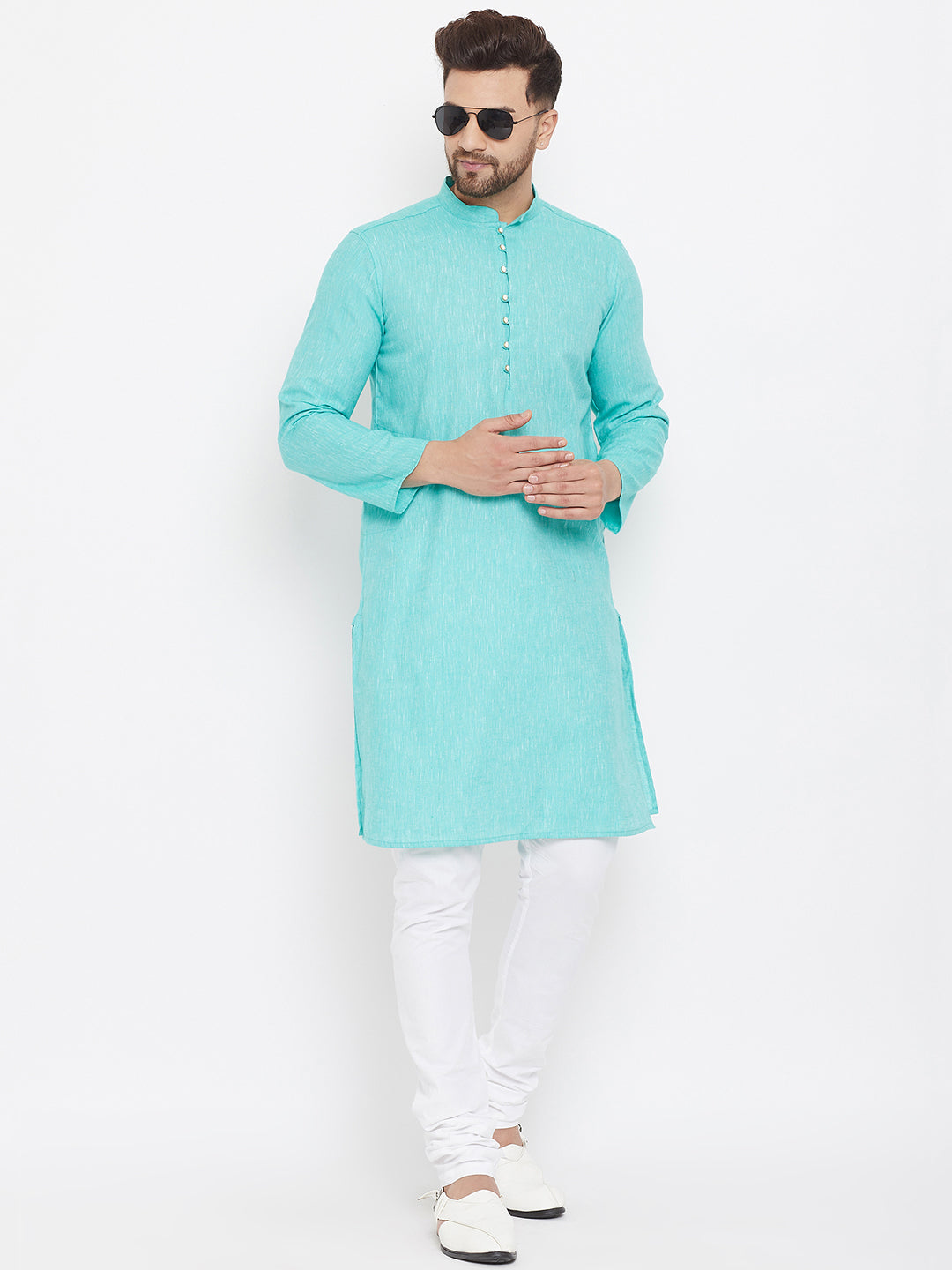 Men's Solid Turquoise Placket Detail Cotton Kurta