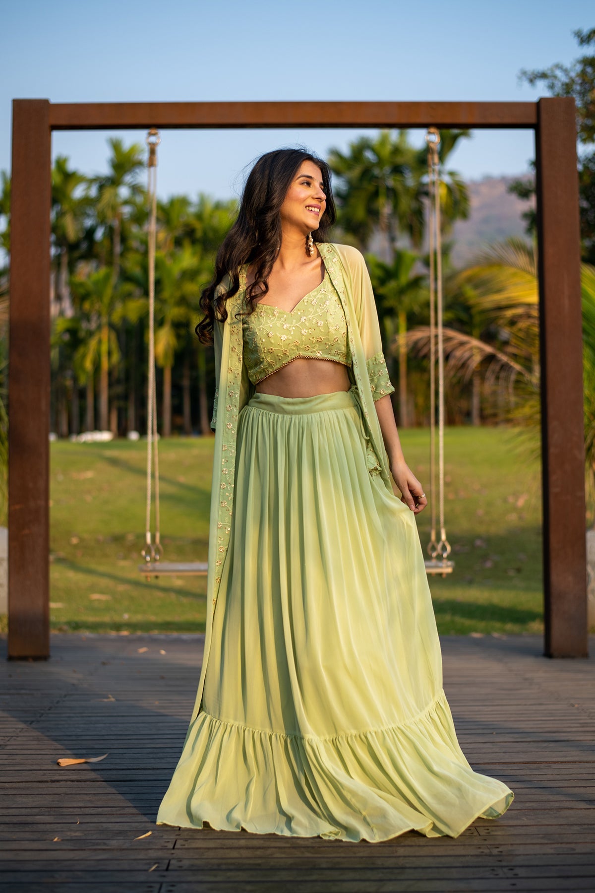 Women's Pastel Olive Lehenga With Jacket
