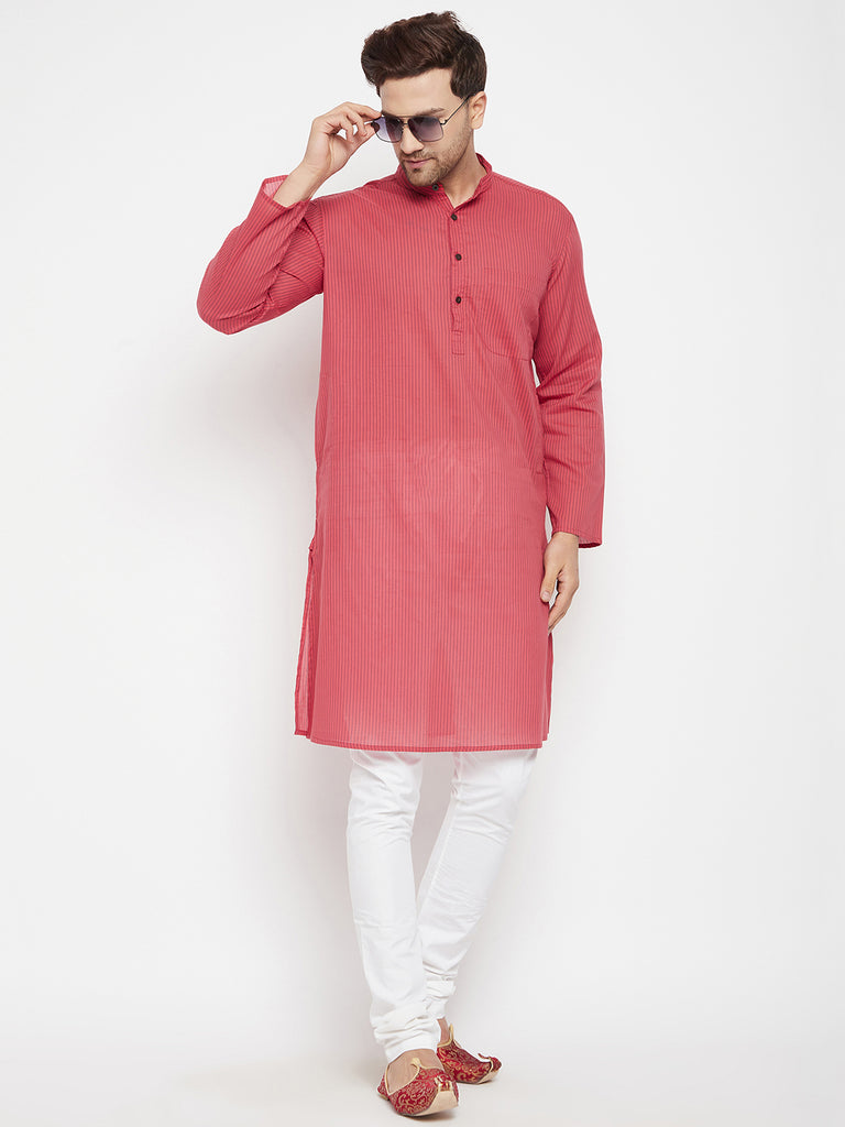Men's Rust Color Long Kurta with Band Collar