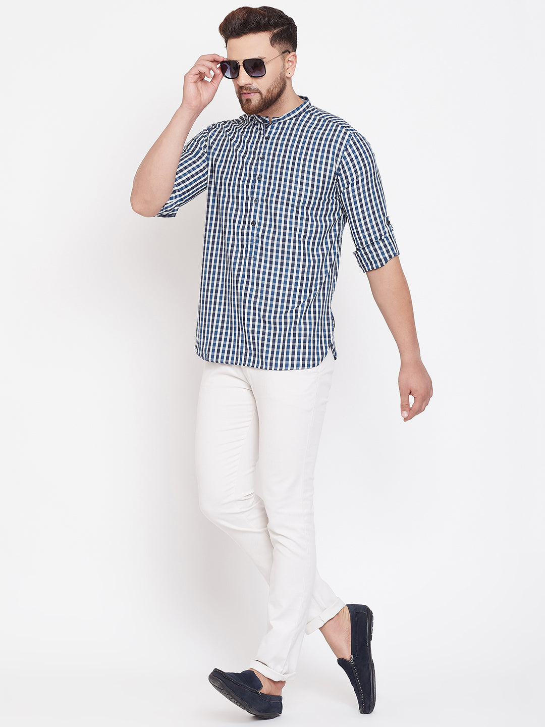 Men's Checked Blue & White Shirt Kurta
