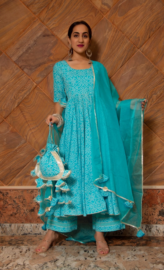 Women's Bandhej Blue Cotton Anarkali Set - Pomcha Jaipur