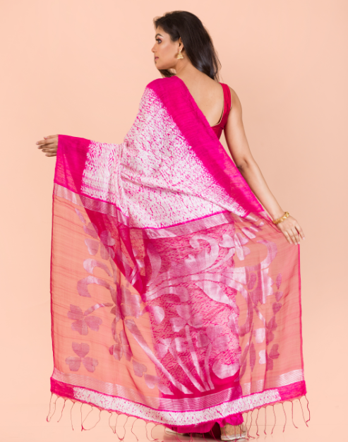 Women's Pink matka silk jamdani saree - Angoshobha