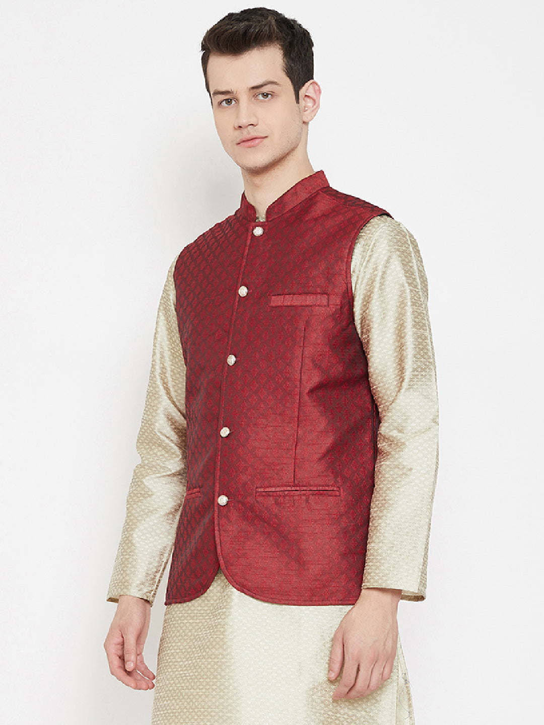 Men's Jacquard Red Silk Nehru Jacket - Even Apparels