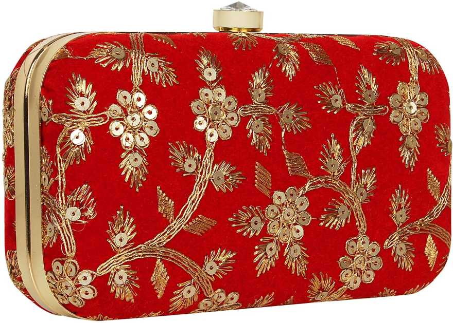 Women's Red Color tulle Embroidered Faux Silk Clutch - VASTANS