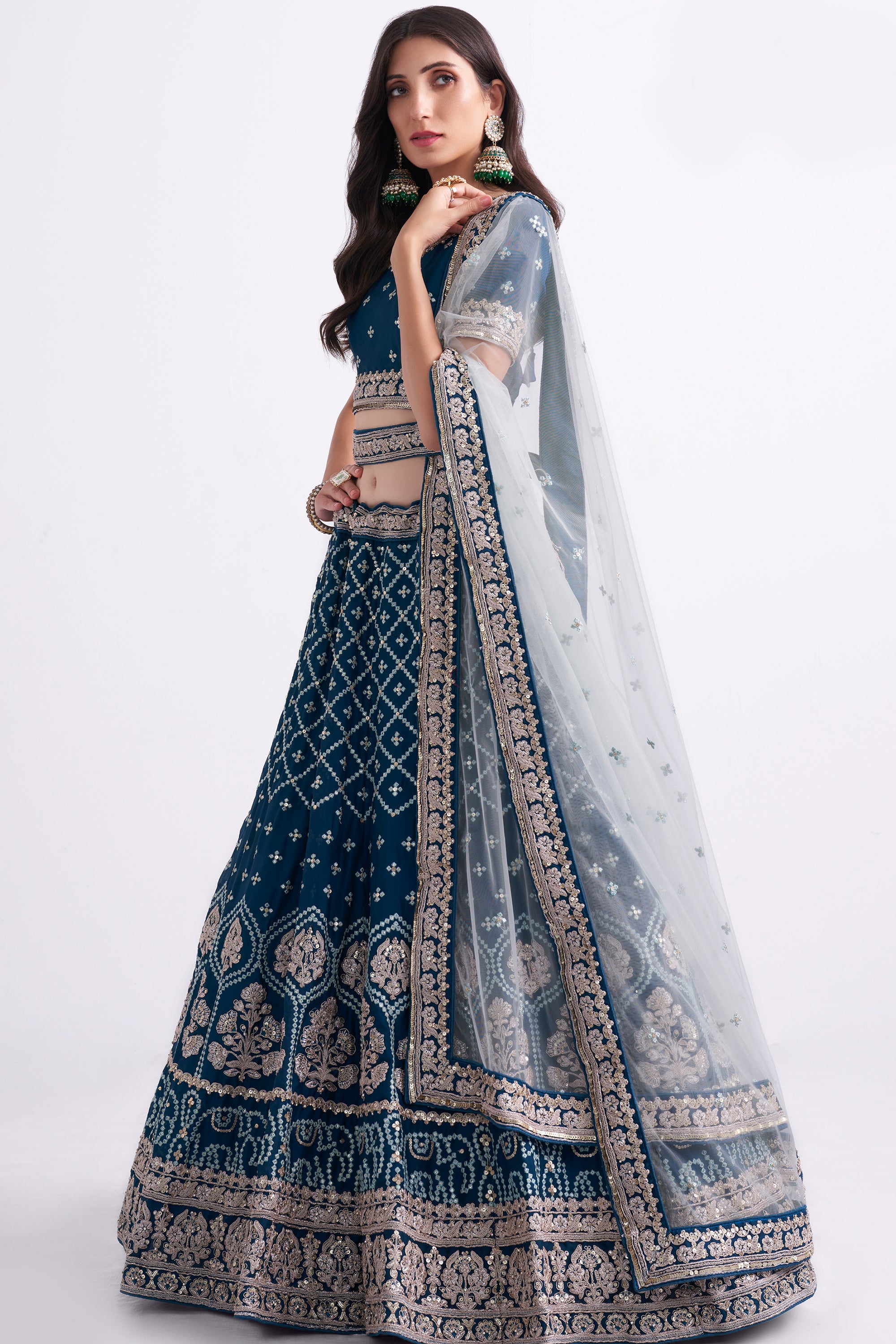 Women's Bridal Heritage Teal Blue Heavy Embroidered Silky Georgette Designer Lehenga - CHITRAS