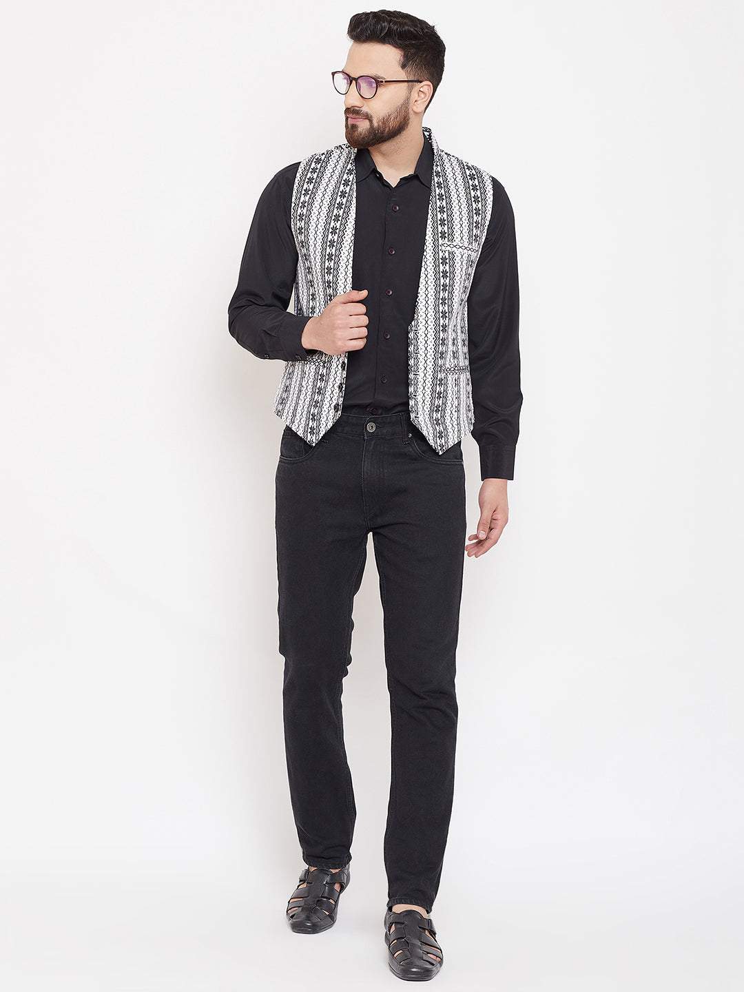 Men's Ethnic Print Monochrome Waistcoat
