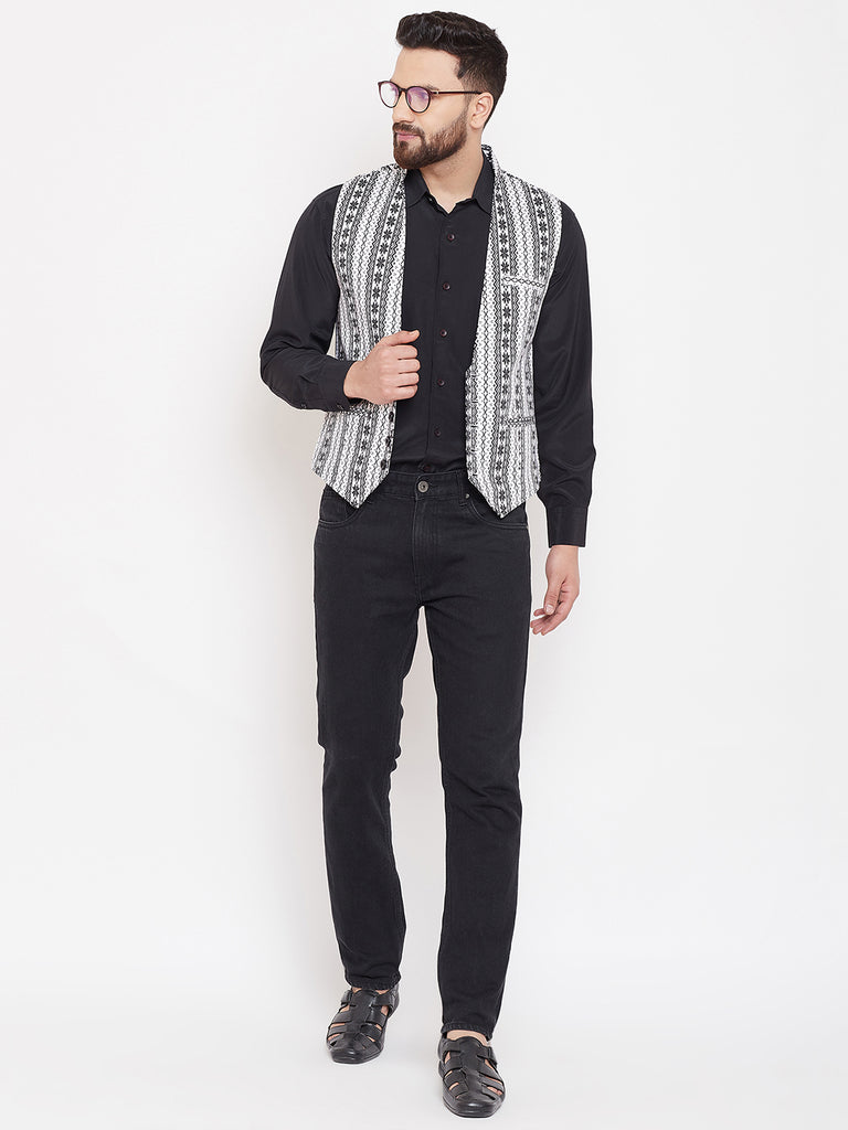 Men's Ethnic Print Monochrome Waistcoat