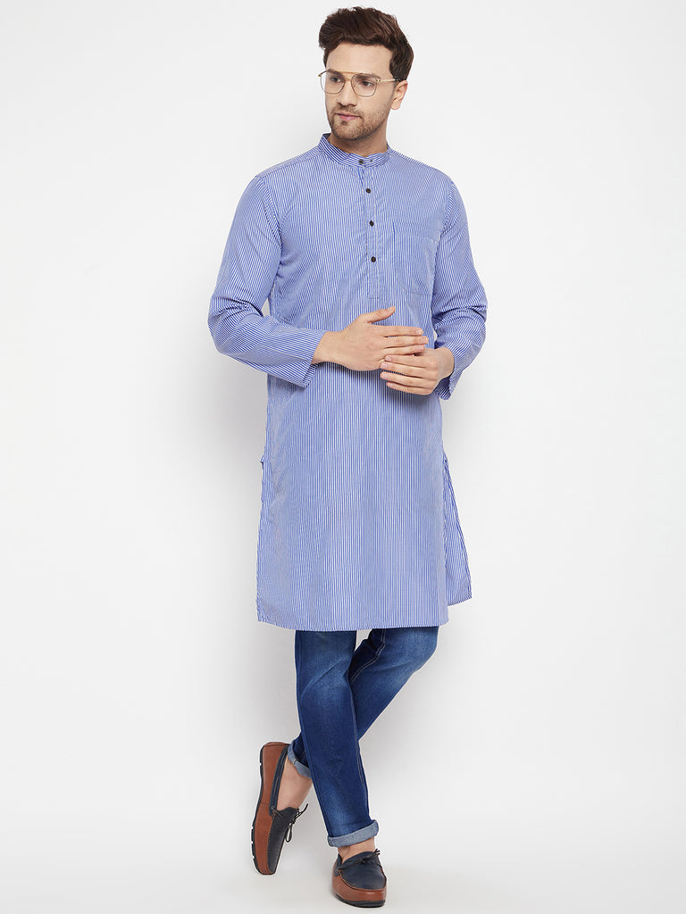 Men's Blue Color Long Kurta with Band Collar