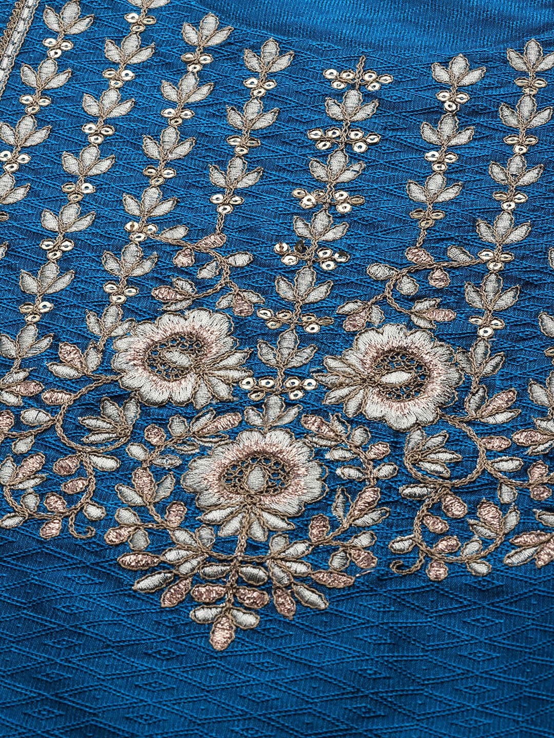 Women's Blue & Golden Embroidered Jacquard Kurta with Trousers - Varanga