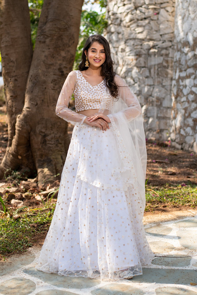 Women's White Thread And Sequin Work Lehenga