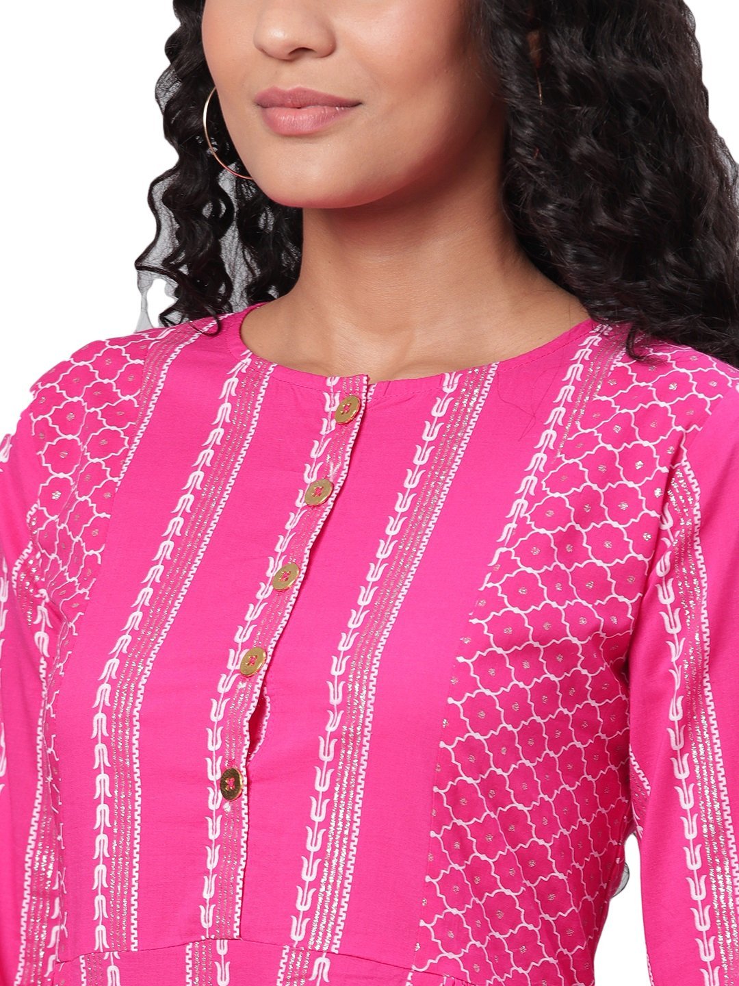 Women's Pink Printed 3/4 Sleeve Cotton Round Neck Dress - Myshka
