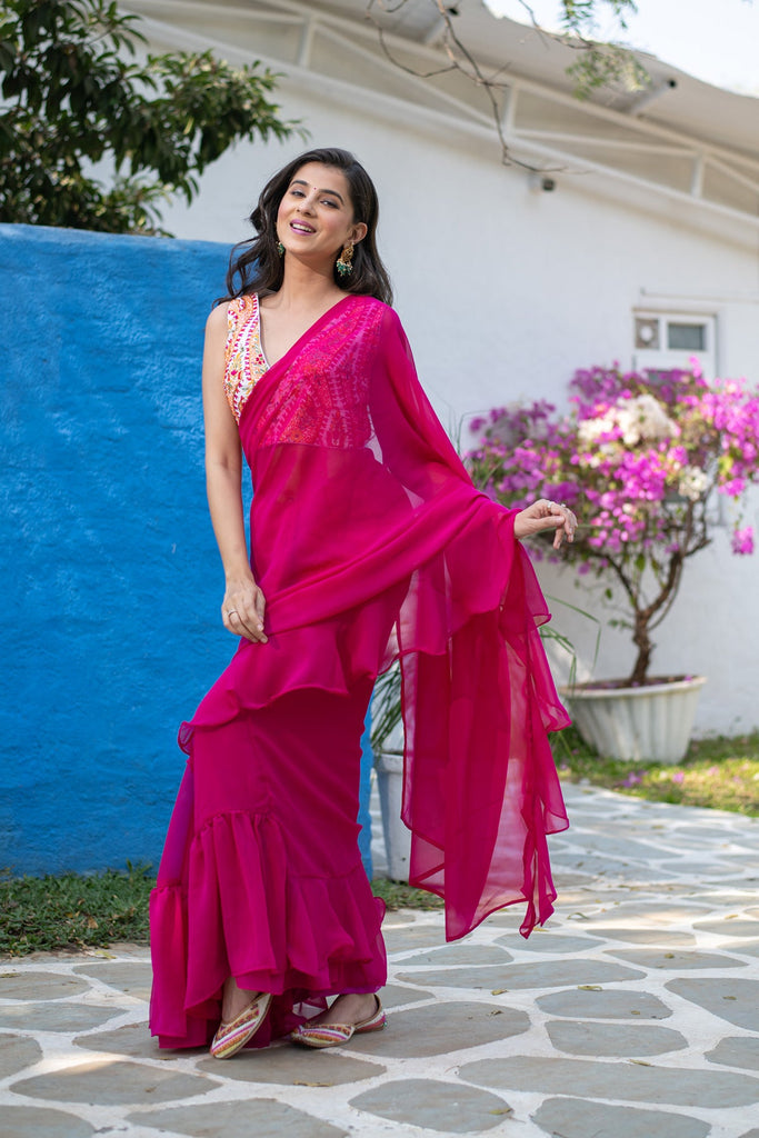 Women's Rani Pink Ruffle Saree