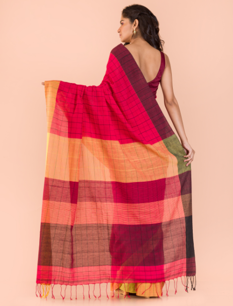 Women's Red cotton Handwoven saree - Angoshobha