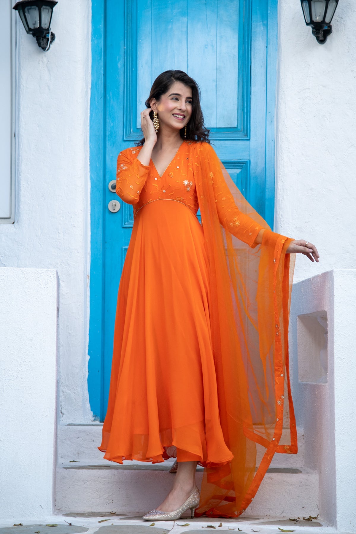 Women's Orange Anarkali Set - Label Shaurya Sanadhya