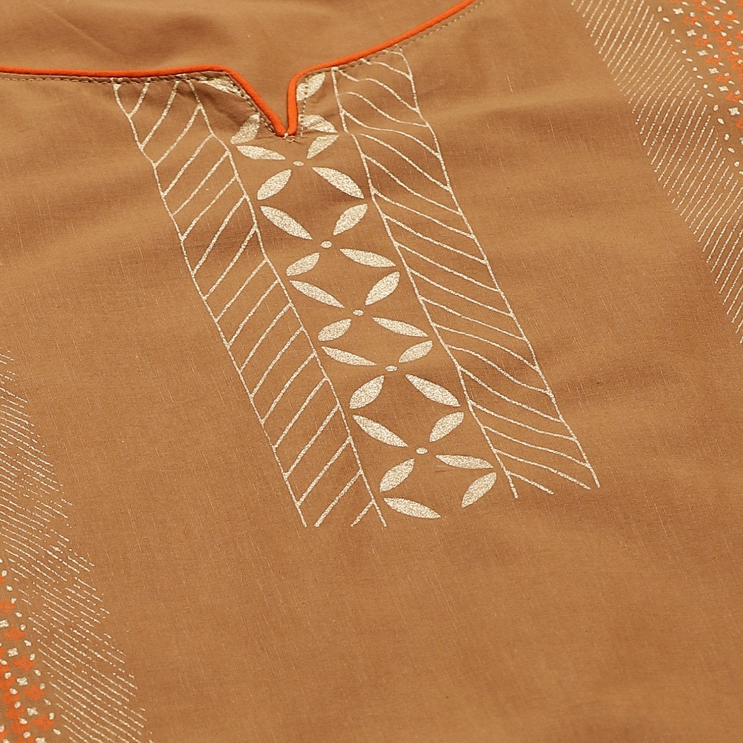 Women's Beige Cotton Printed 3/4 Sleeve Round Neck Casual Kurta Only - Myshka