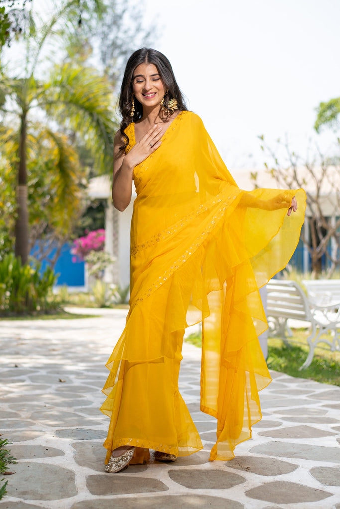 Women's Yellow Ruffle Saree