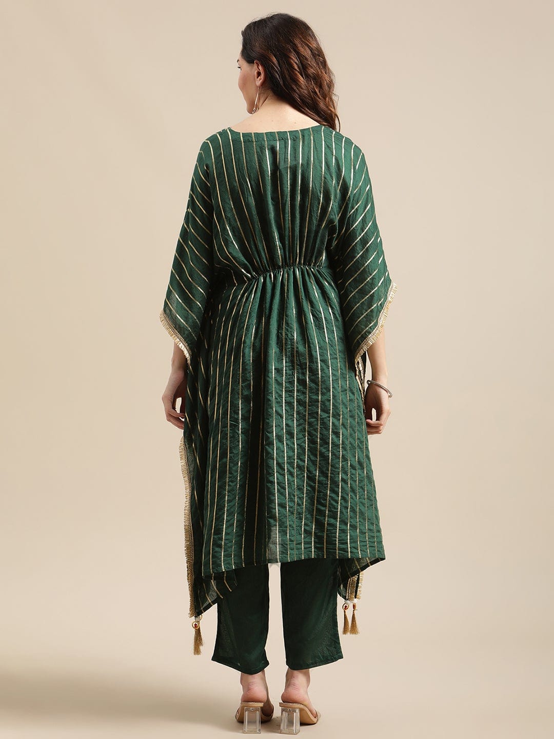 Women's Green Gold Lurex Striped Kurta Kaftan With Straight Trouser - Varanga