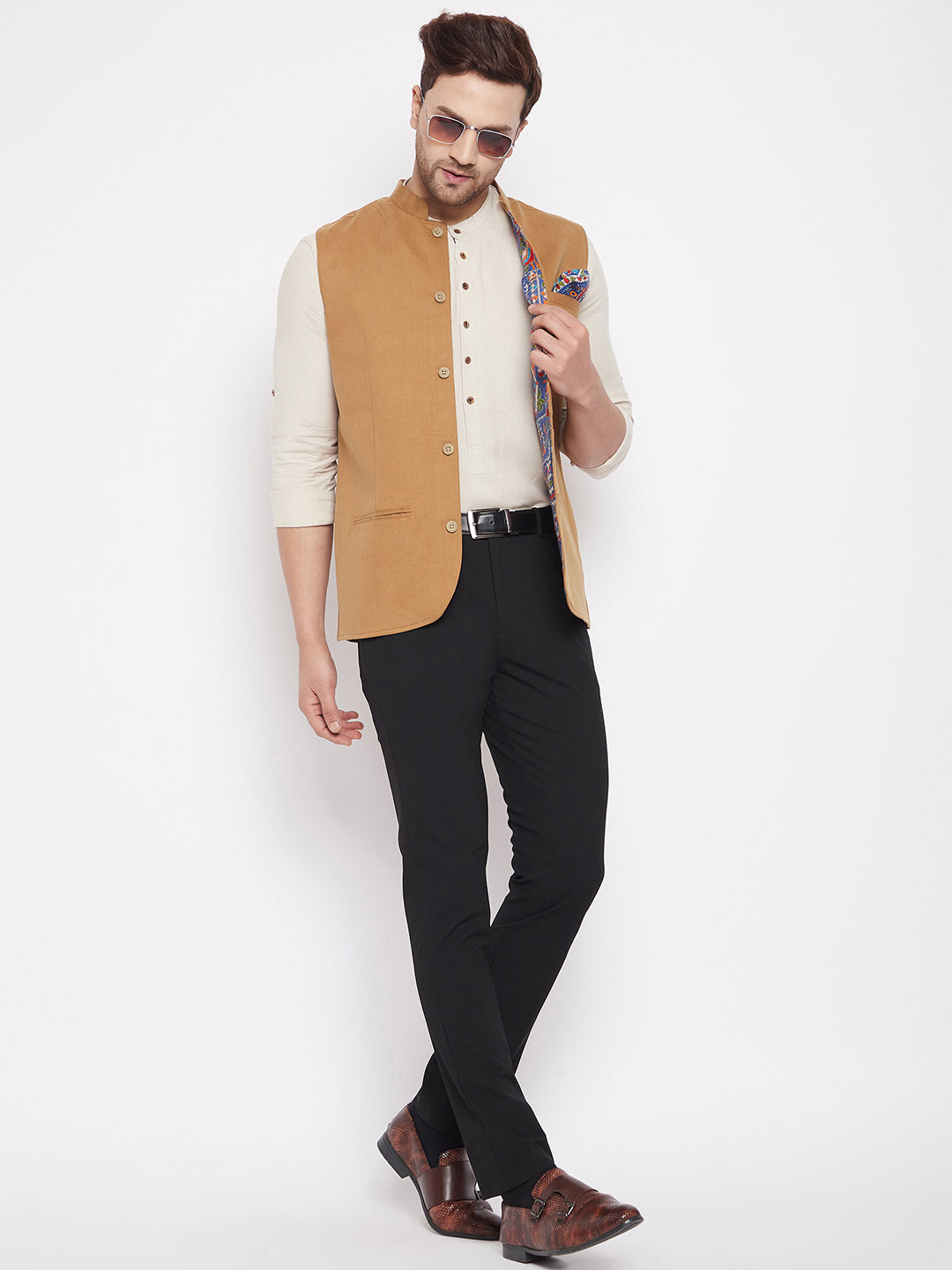 Men's Brown Color Nehru Jacket-Contrast Lining-Inbuilt Pocket Square - Even Apparels