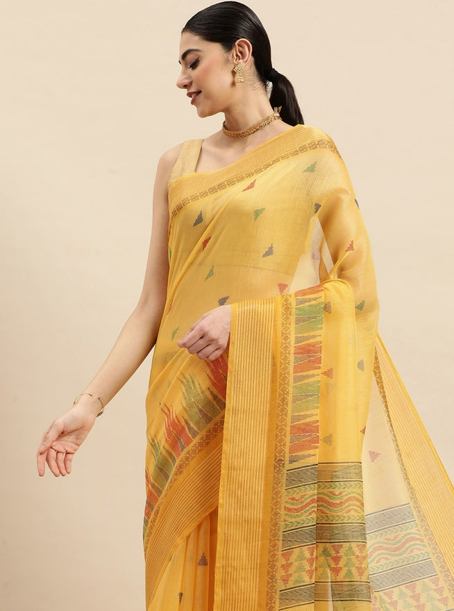 Women's Yellow Cotton Woven Work Traditional Saree - Sangam Prints