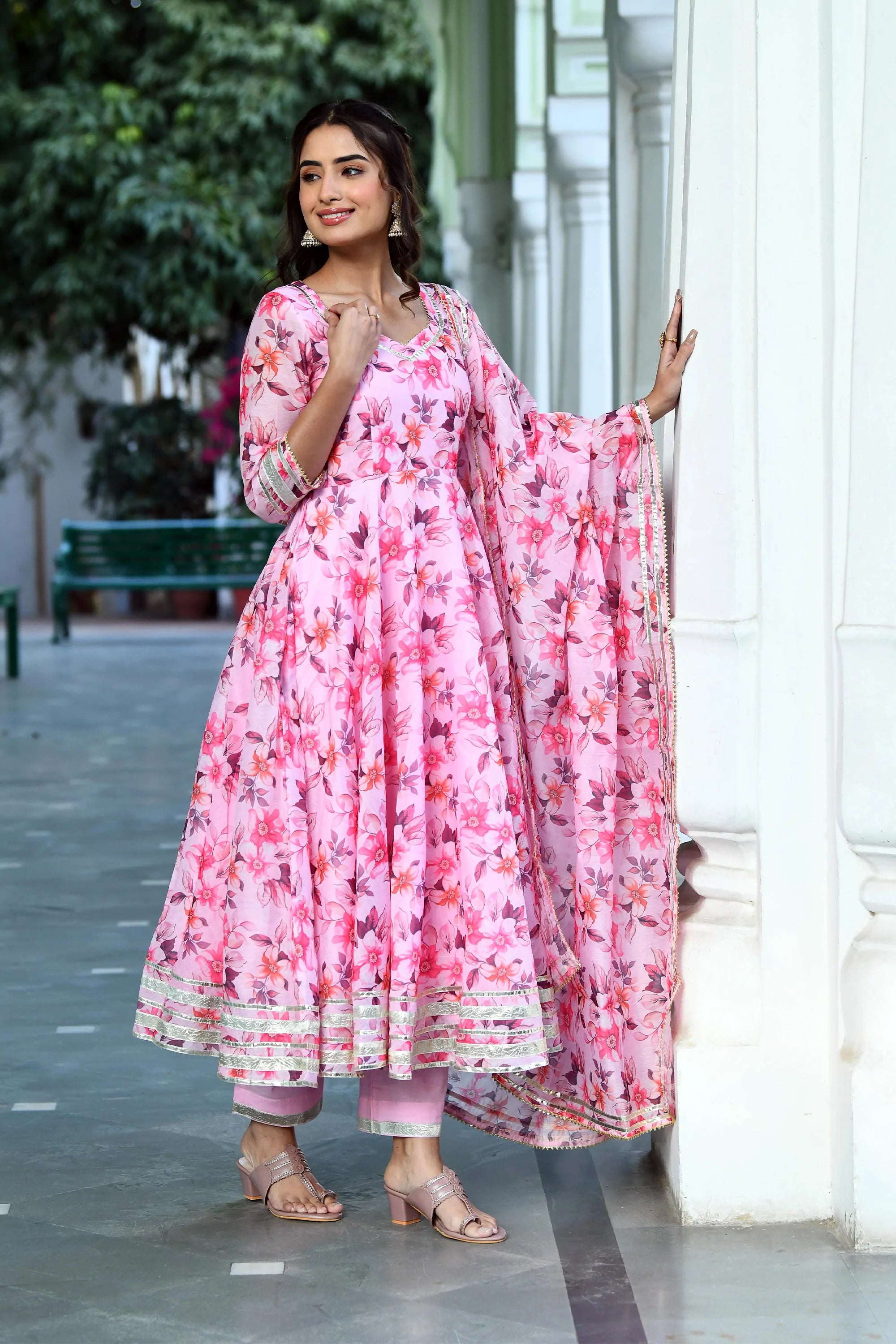 Women's Pink Floral Anarkali Suit Set - Saras The Label -3Pc Set