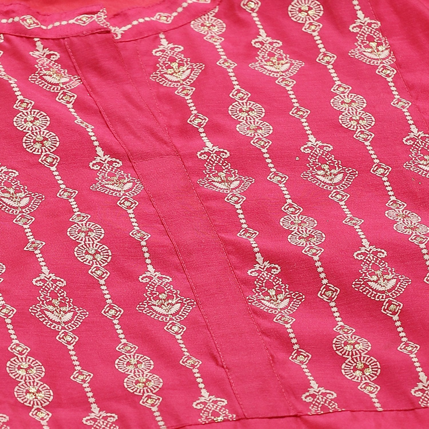 Women's Pink Chanderi Printed 3/4 Sleeve Collar Casual Kurta Pant Set - Myshka