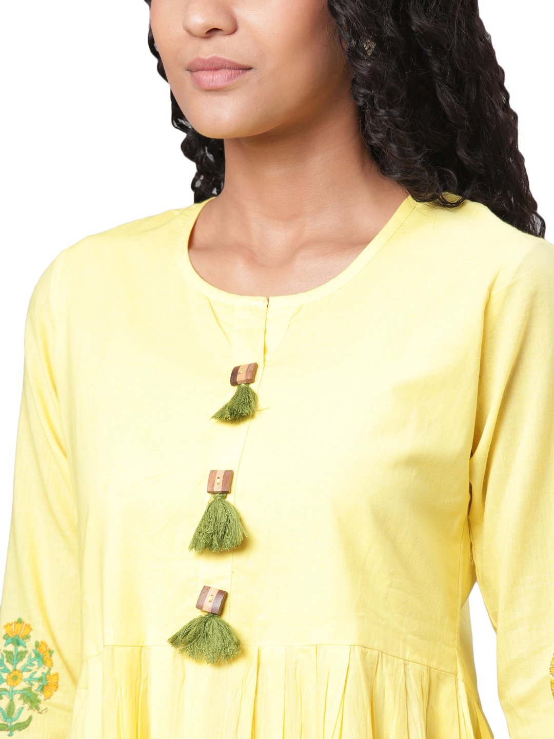 Women's Green Printed 3/4 Sleeve Cotton Round Neck Dress - Myshka
