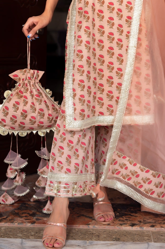 Women's Ojasvi Peach Hand Block Suit Set - Pomcha Jaipur